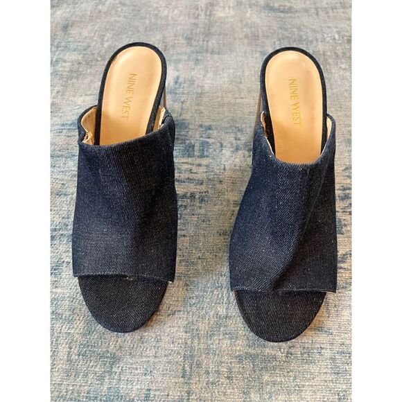Nine West Blue Denim Gemily Block Heel Peep Toe Mules Size 7.5 - Picture 3 of 9